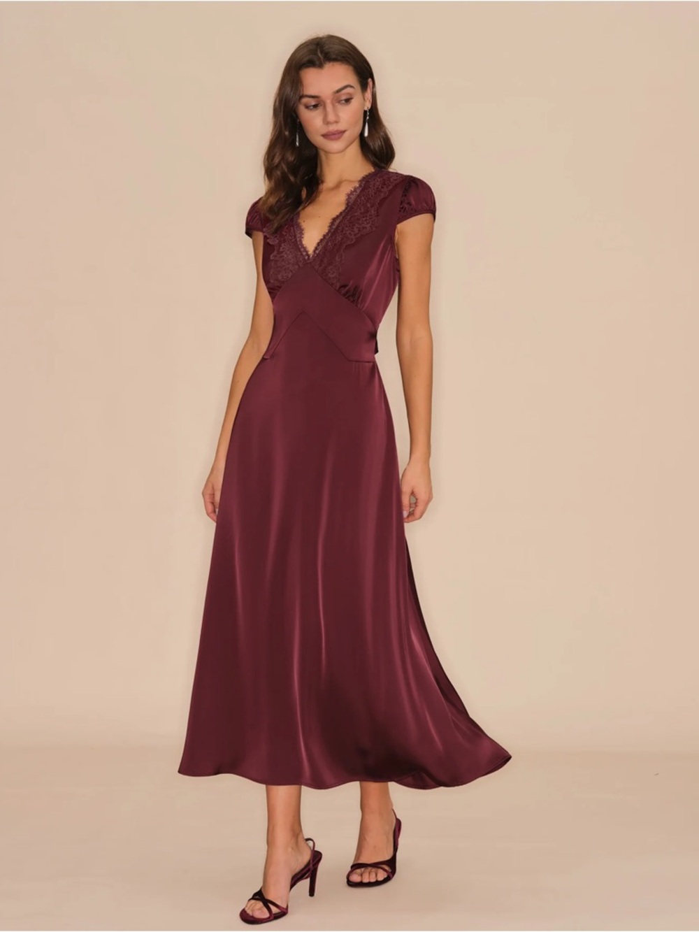 Wine Red V Neck Lace Maxi Dress
